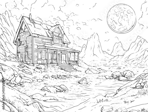 Mars habitat versus flooded neighborhood, black vector graphic