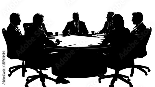 Meeting discussing ethical supply chain practices, black vector graphic