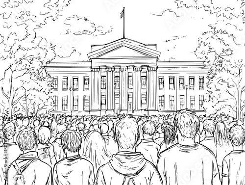 Mass gathering outside government building, vector illustration art
