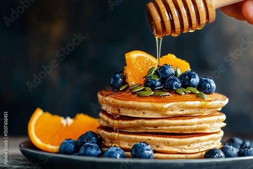Delicious Breakfast Stack With Pancakes, Blueberries, Honey, and Orange Slice...