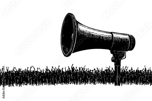 Megaphone speaker addressing gathered crowd, vector design