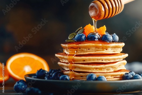 Stack of Pancakes Topped With Blueberries and Honey Drizzled in a Warm Kitche...
