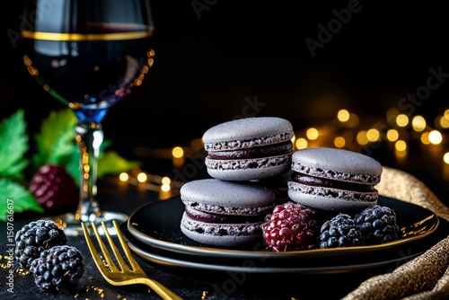 Elegant Dessert Display Featuring Purple Macarons With Blackberries and a Gla...