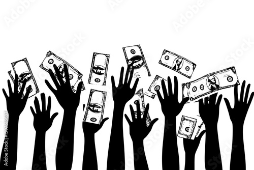 Money distributed to diverse hands, vector graphic