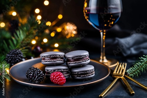 Elegant Dessert Display Featuring Purple Macarons With Blackberries and a Gla...