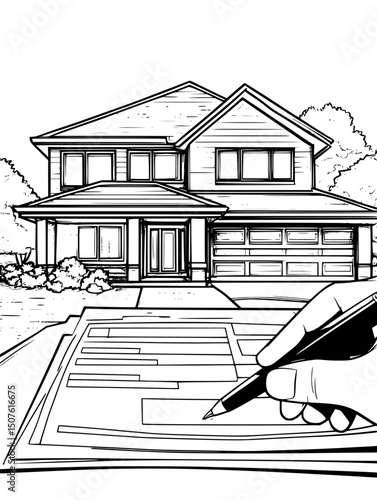 Mortgage refinancing paperwork being reviewed, vector graphic