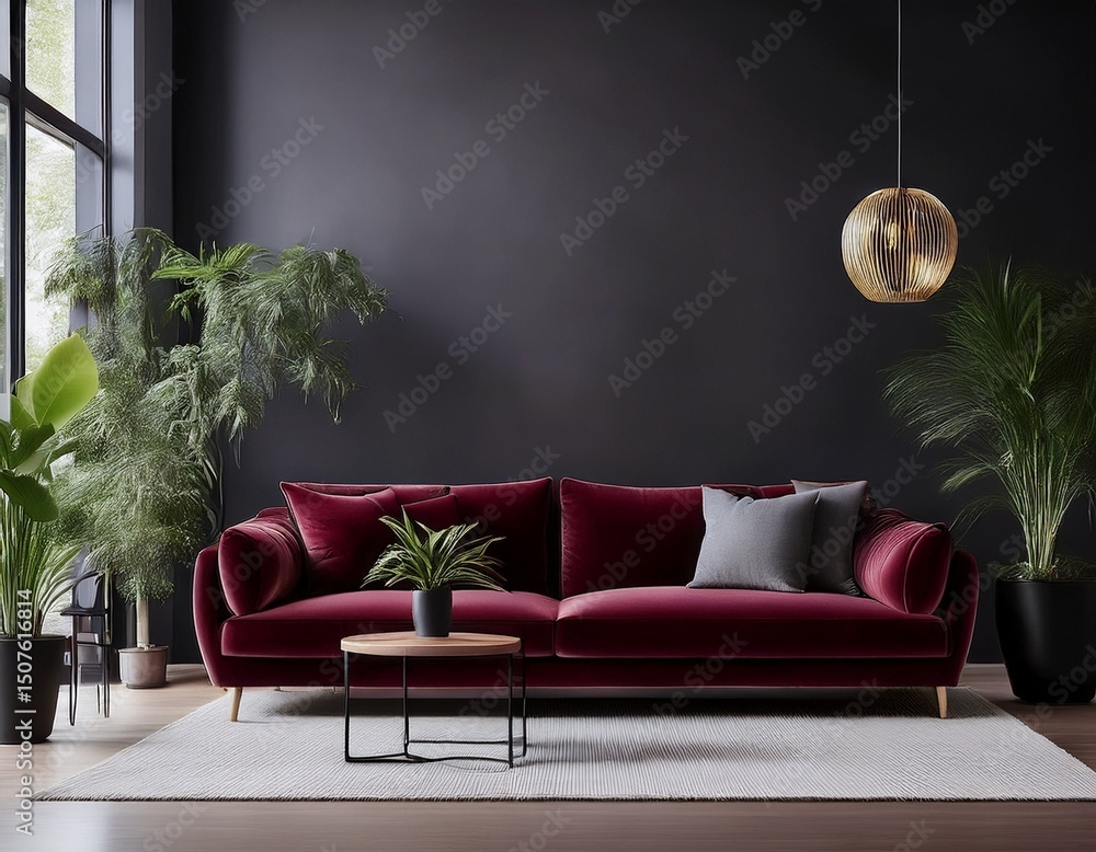 Obraz premium Ein modernes Wohnzimmer mit weinroter Couch vor einer schwarzen Akzentwand