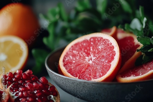 Freshly Cut Grapefruit and Pomegranate Seeds With Sparkling Water Droplets Ca...