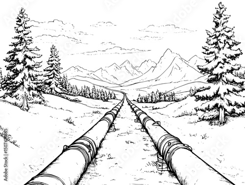 Oil pipelines crossing pristine landscapes, vector illustration art