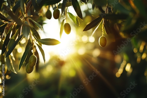 Olive Tree Branch With Ripe Olives Under Warm Sunlight in a Lush Garden Durin...