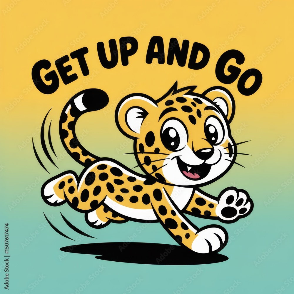 Fototapeta premium Playful Cartoon Leopard Illustration - Vibrant and Cheerful Animal Character in Motion on Yellow Background