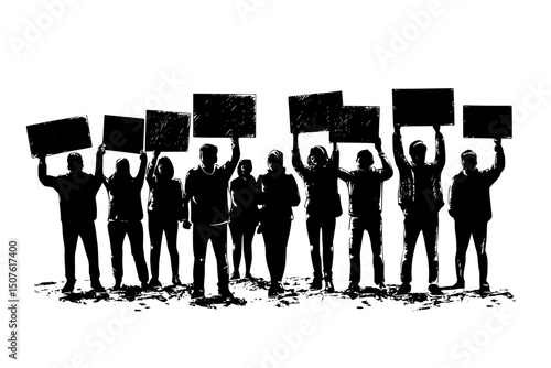Protesters holding signs in plaza, vector graphic