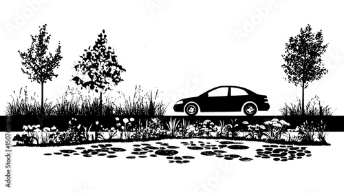 Rain gardens capturing parking lot runoff, vector design