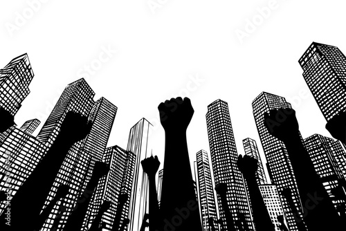 Raised fists amid urban intersection, black vector graphic