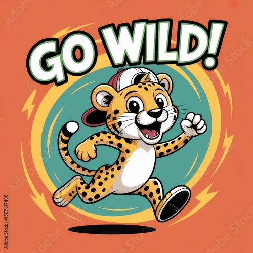 Playful Cartoon Leopard Character: Energetic and Whimsical Animal Illustration for Kids' Adventure Themes and Apparel