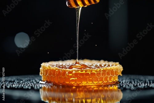 Honey Dripping From a Wooden Dipper Into a Honeycomb on a Dark Background