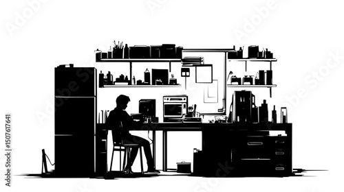 Repair workshop fixing broken items, black vector graphic