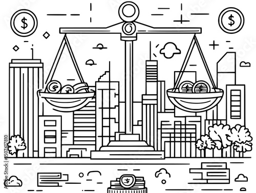 Scales weighing coins against services, vector illustration