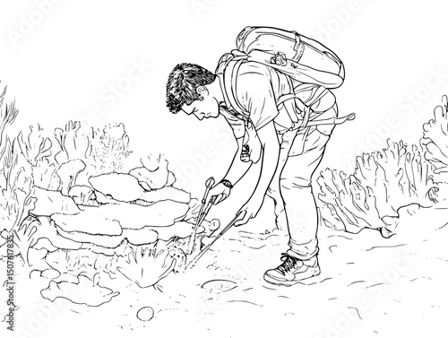 Scientist measuring dying reef, black vector graphic