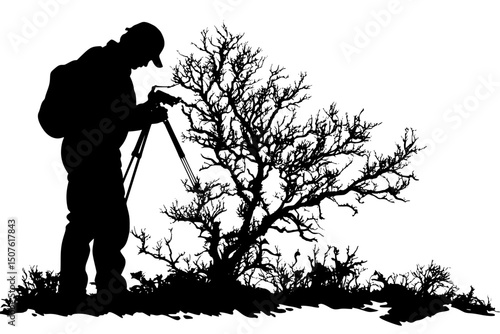 Scientist measuring dying reef, vector graphic