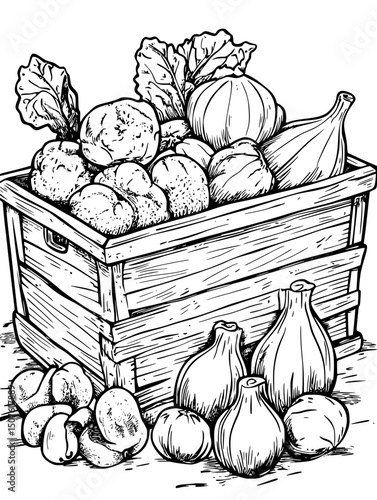 Seasonal vegetables in market basket, vector design