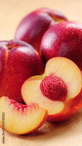 Freshly Sliced Peaches and Whole Peaches Arranged on a Light Surface for a De...