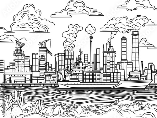 Ships redirecting between competing ports, black vector graphic