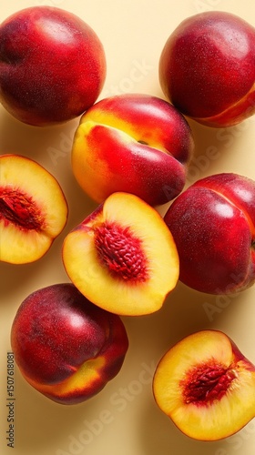Fresh Peaches and Slices Arranged Beautifully on a Soft Yellow Background