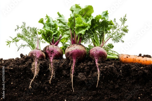 Freshly Harvested Root Vegetables With Green Tops From a Garden Soil Bed