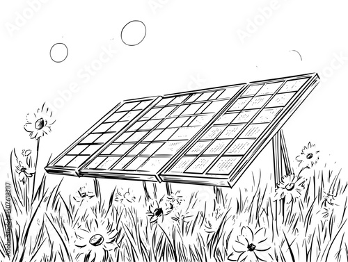Solar panels replacing coal mines, black vector graphic