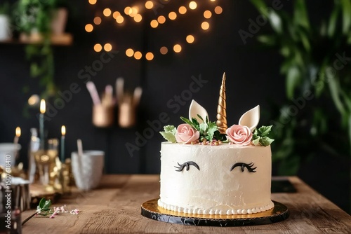 Unicorn Cake Decorated With Flowers and a Golden Horn for a Celebration in a ...