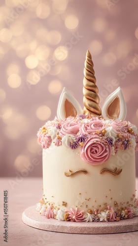 Delightful Unicorn Cake With Pink Frosting and Golden Horn for a Special Cele...