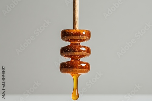 Honey Dripper With Golden Honey Droplet Against a Simple Background in a Kitc...