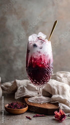 Beautifully Layered Beverage With Ice and Floral Accents Presented on a Rusti...