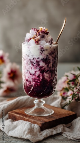 Refreshing Layered Drink With Ice in Elegant Glass on Wooden Surface