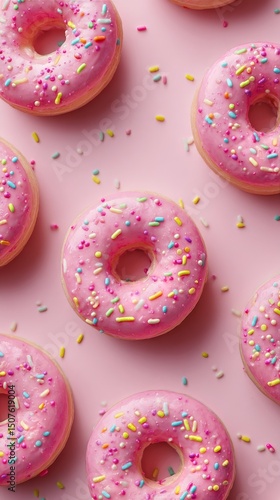 Delicious Pink Frosted Donuts With Colorful Sprinkles Arranged on a Pastel Ba...