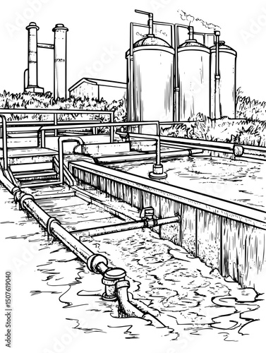 Wastewater treatment plant filtering contaminants, vector illustration