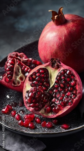Fresh Pomegranates With Droplets on Skin and Juicy Seeds Displayed on a Dark ...