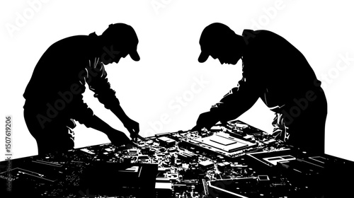 Workers disassembling electronics for parts, vector design