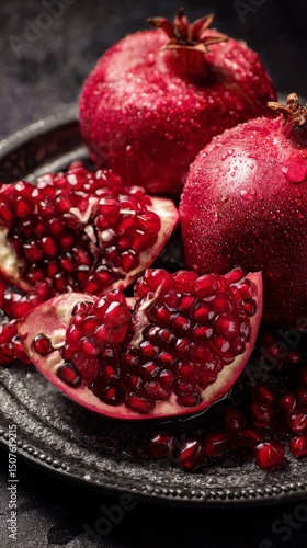 Fresh Pomegranates With Droplets on Skin and Juicy Seeds Displayed on a Dark ...