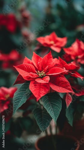 Vibrant Red Poinsettia Blooms Brighten up a Garden During the Holiday Season