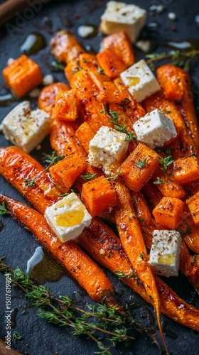 Roasted Carrots and Feta Cheese Served With Fresh Herbs on a Dark Platter