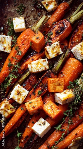 Grilled Carrots and Feta Cheese With Thyme on a Serving Platter