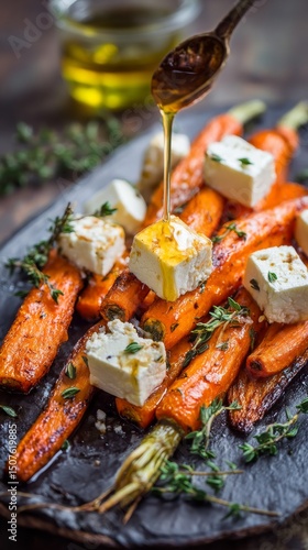 Grilled Carrots and Feta Cheese With Thyme on a Serving Platter