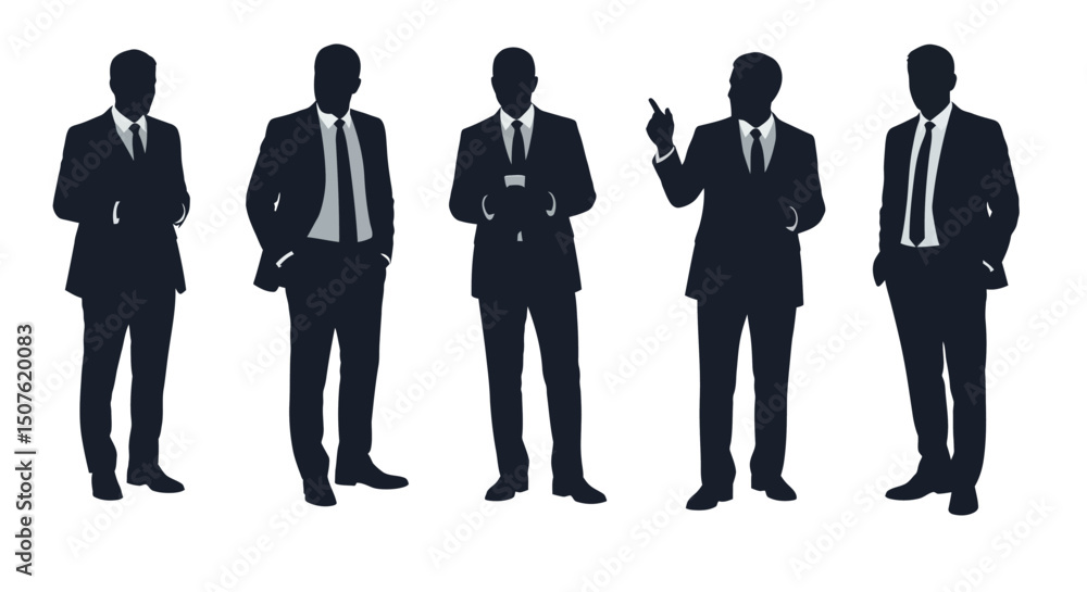 Silhouette Set Five Businessmen in Suits, Professional Poses for Presentations and Business Concepts Silhouette Set Five Businessmen in Suits, Professional Poses for Presentations and Business Concepts