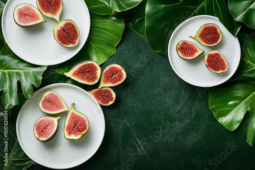 Freshly Sliced Figs Served on Plates With Tropical Leaves in the Background