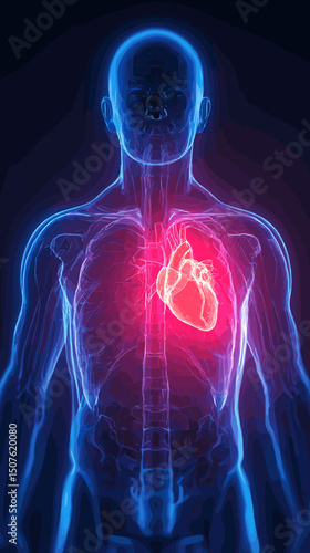Human Heart Anatomy: Detailed anatomical illustration of a human heart within the chest cavity, highlighting its position and structure.