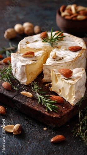 Cheese Platter With Nuts and Herbs on Rustic Wooden Board in Well-Lit Kitchen