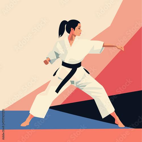 Confident Female Martial Artist in Stance with Bold Abstract Background