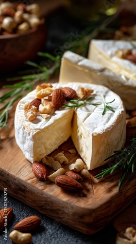 Gourmet Cheese Platter With Nuts and Herbs Displayed on Rustic Wooden Board i...